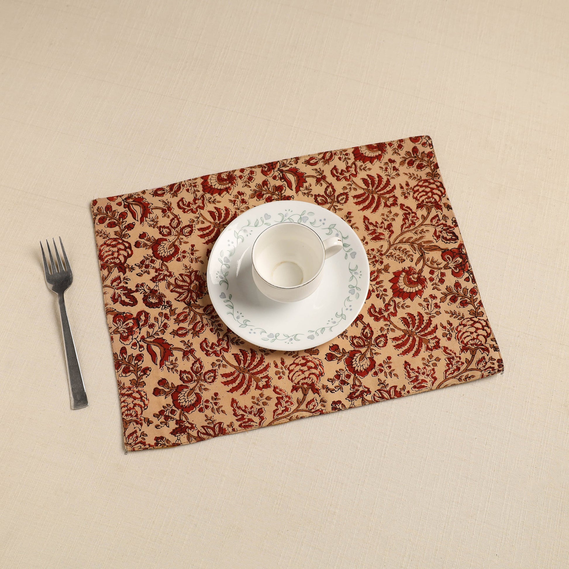 Brown - Floral Print Cotton Reversible Table Mat 02