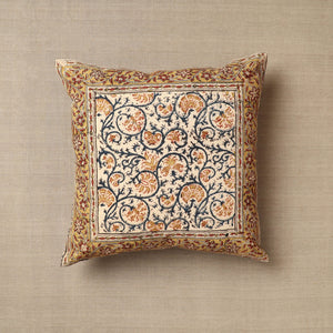 Beige - Original Pedana Block Print Cotton Kalamkari Cushion Cover 35