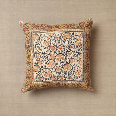 Beige - Original Pedana Block Print Cotton Kalamkari Cushion Cover 35