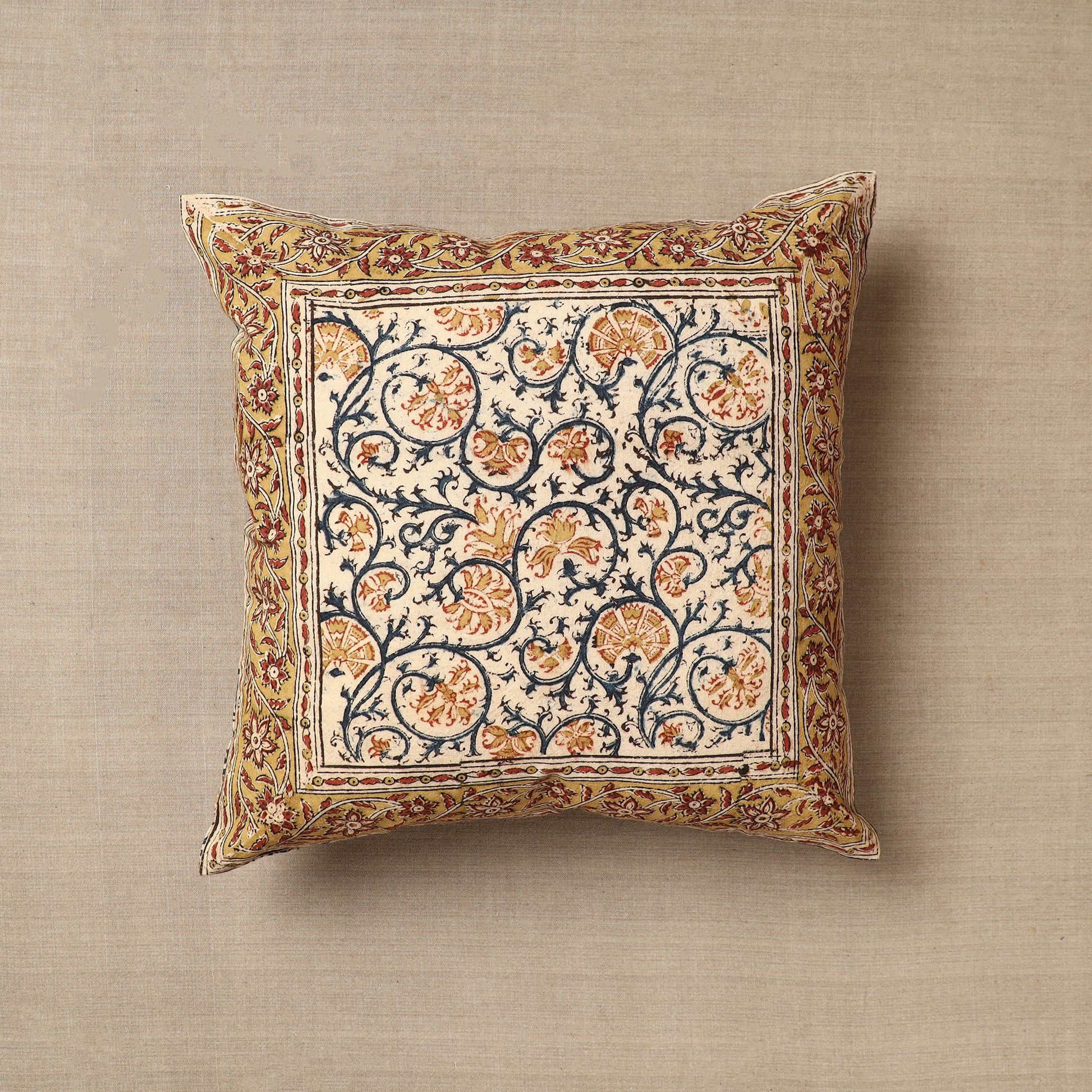 Beige - Original Pedana Block Print Cotton Kalamkari Cushion Cover 35