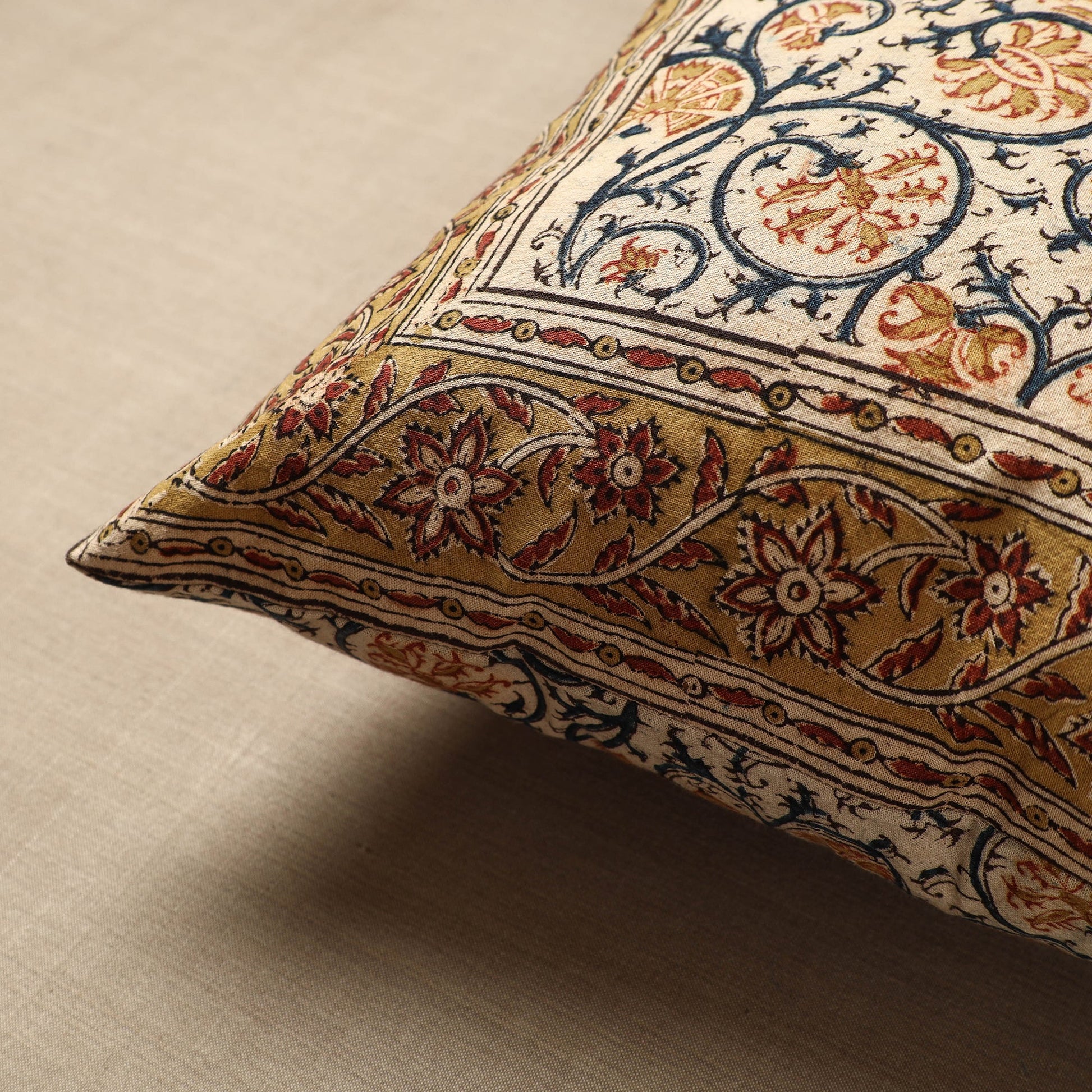 Beige - Original Pedana Block Print Cotton Kalamkari Cushion Cover 35