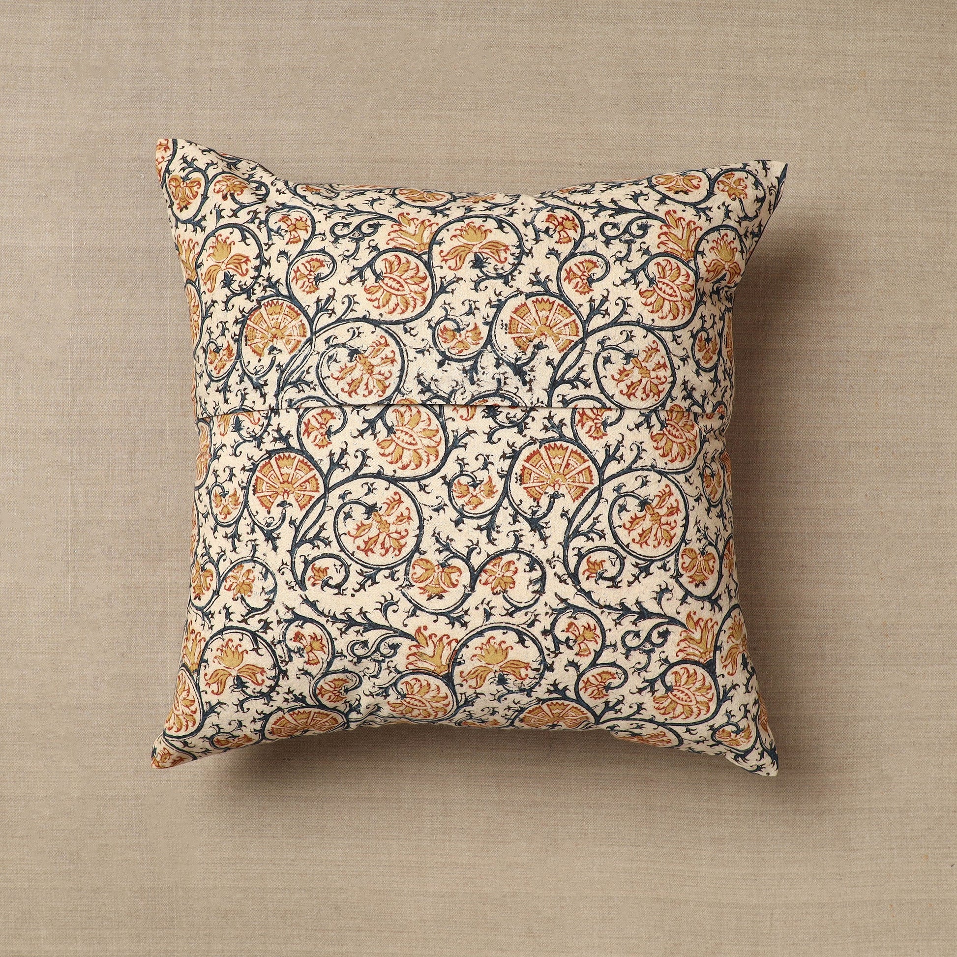 Beige - Original Pedana Block Print Cotton Kalamkari Cushion Cover 35