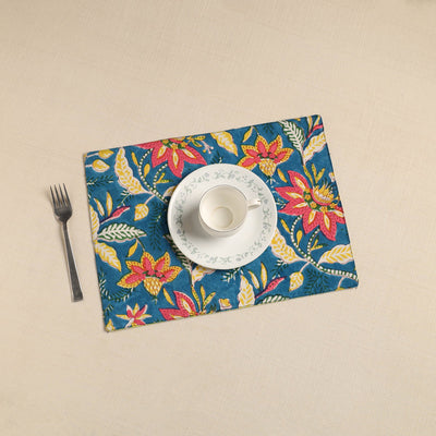 Blue - Floral Print Cotton Reversible Table Mat 04