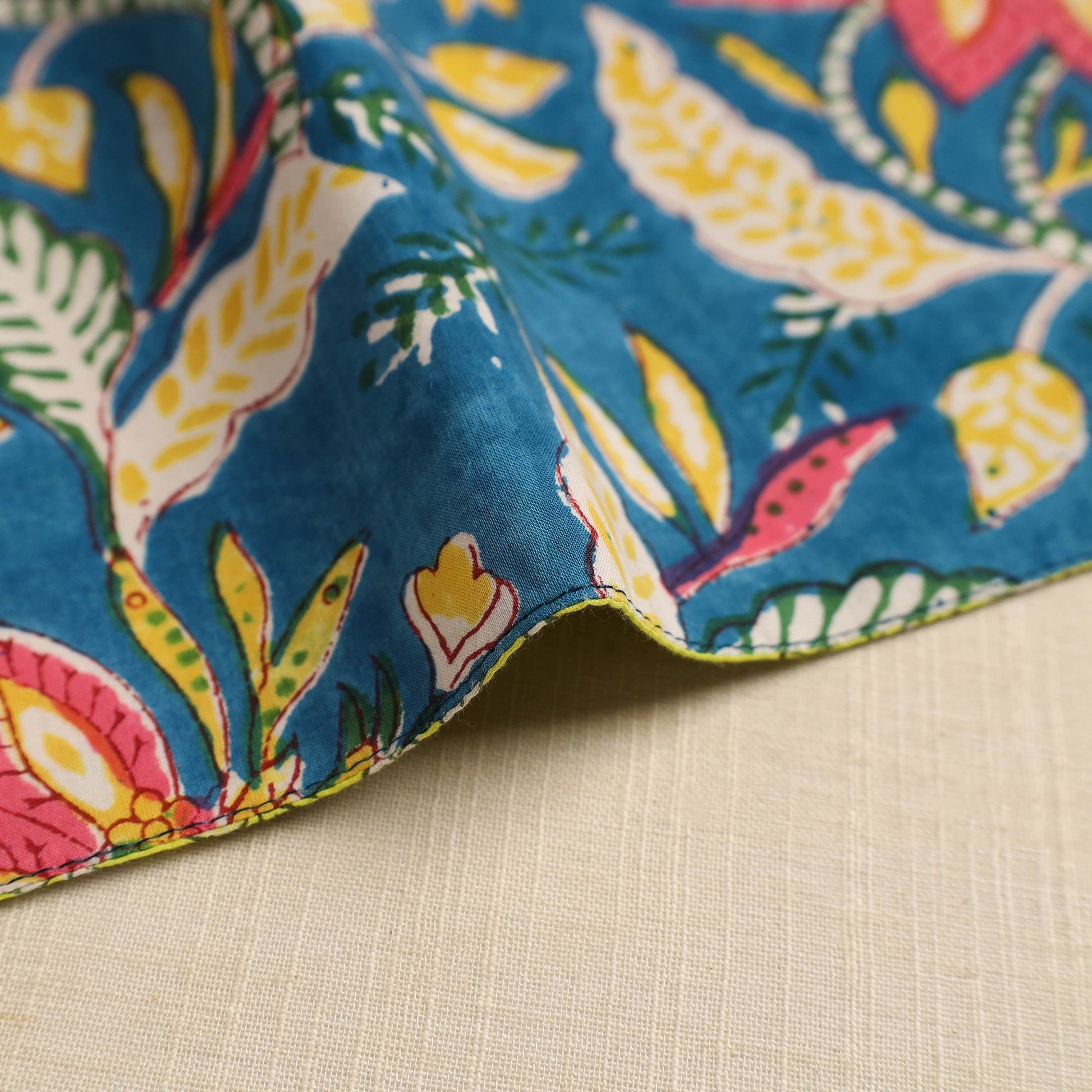 Blue - Floral Print Cotton Reversible Table Mat 04