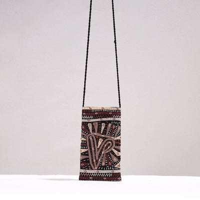 Black - Kutch Dhebariya Qatab Hand Embroidery Cotton Sling Dori Mobile Pouch