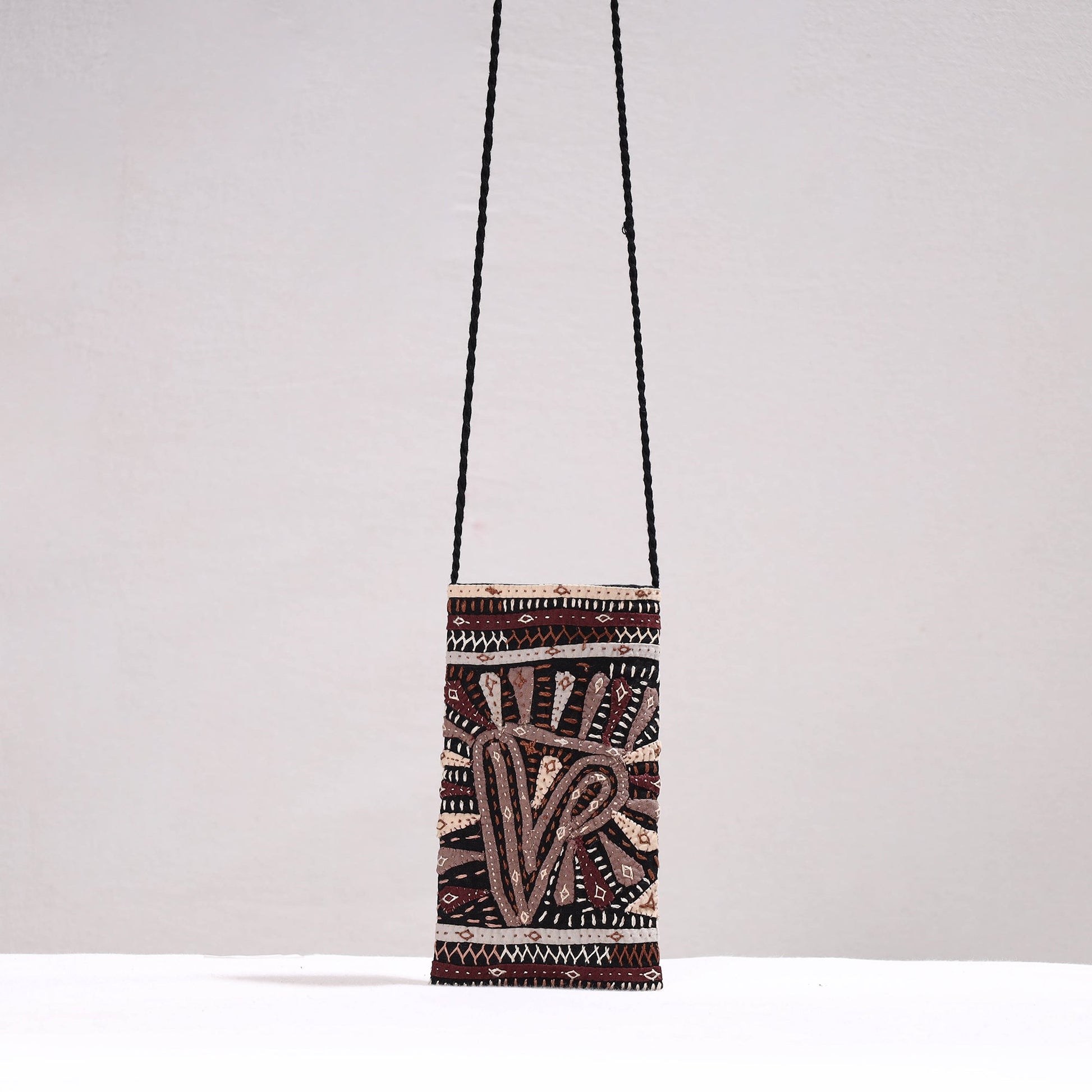 Black - Kutch Dhebariya Qatab Hand Embroidery Cotton Sling Dori Mobile Pouch