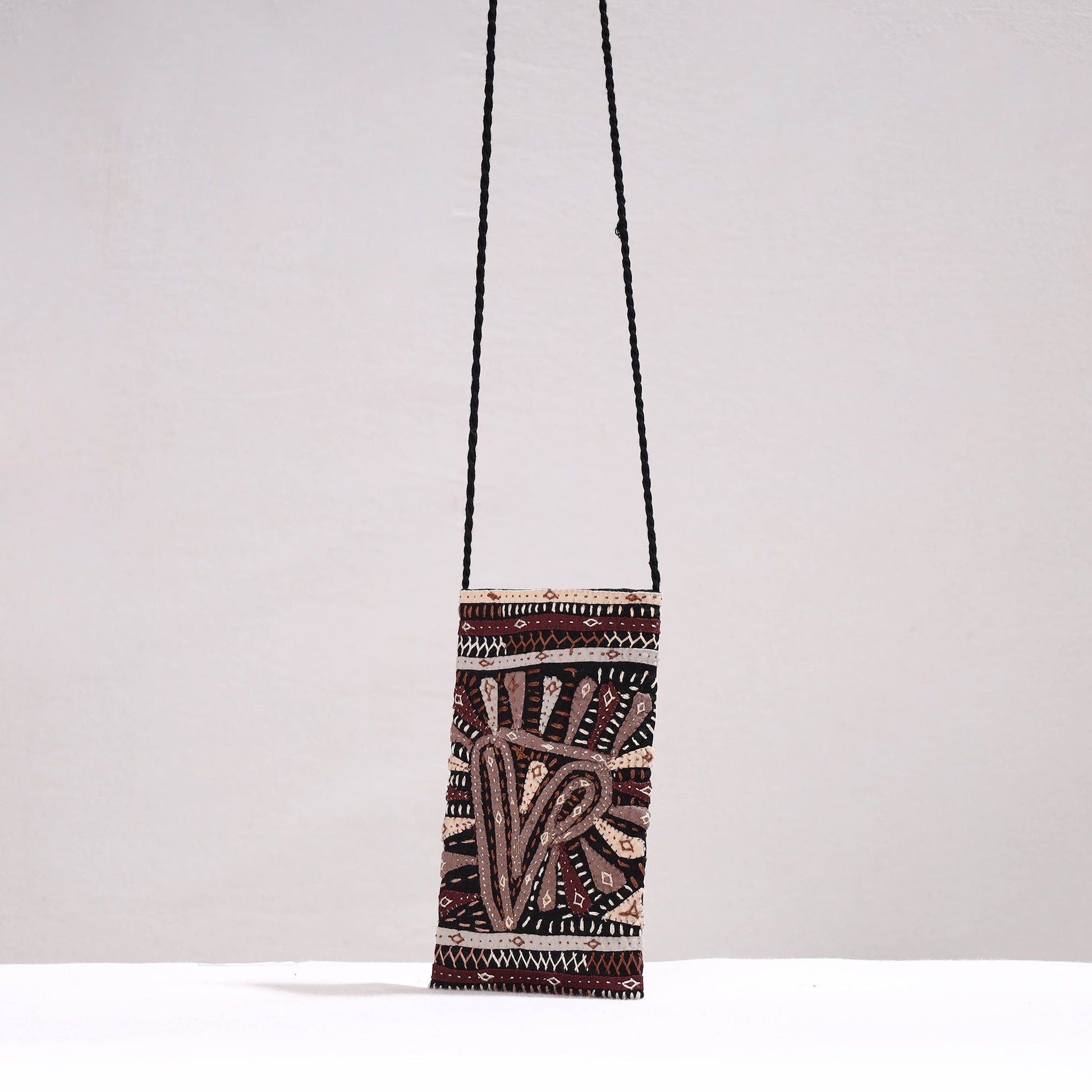 Black - Kutch Dhebariya Qatab Hand Embroidery Cotton Sling Dori Mobile Pouch