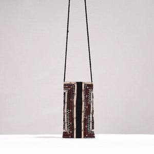 Black - Kutch Dhebariya Qatab Hand Embroidery Cotton Sling Dori Mobile Pouch