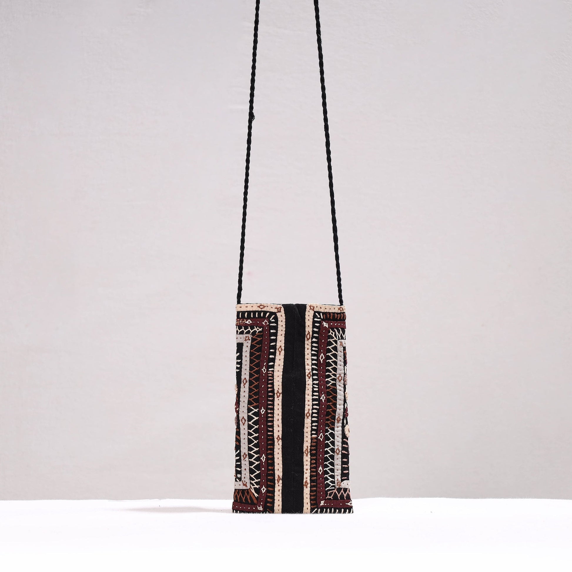 Black - Kutch Dhebariya Qatab Hand Embroidery Cotton Sling Dori Mobile Pouch