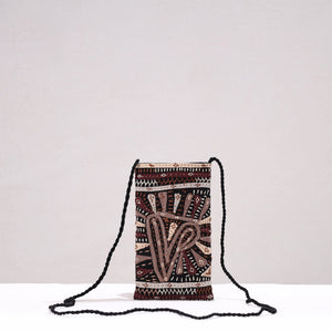 Black - Kutch Dhebariya Qatab Hand Embroidery Cotton Sling Dori Mobile Pouch