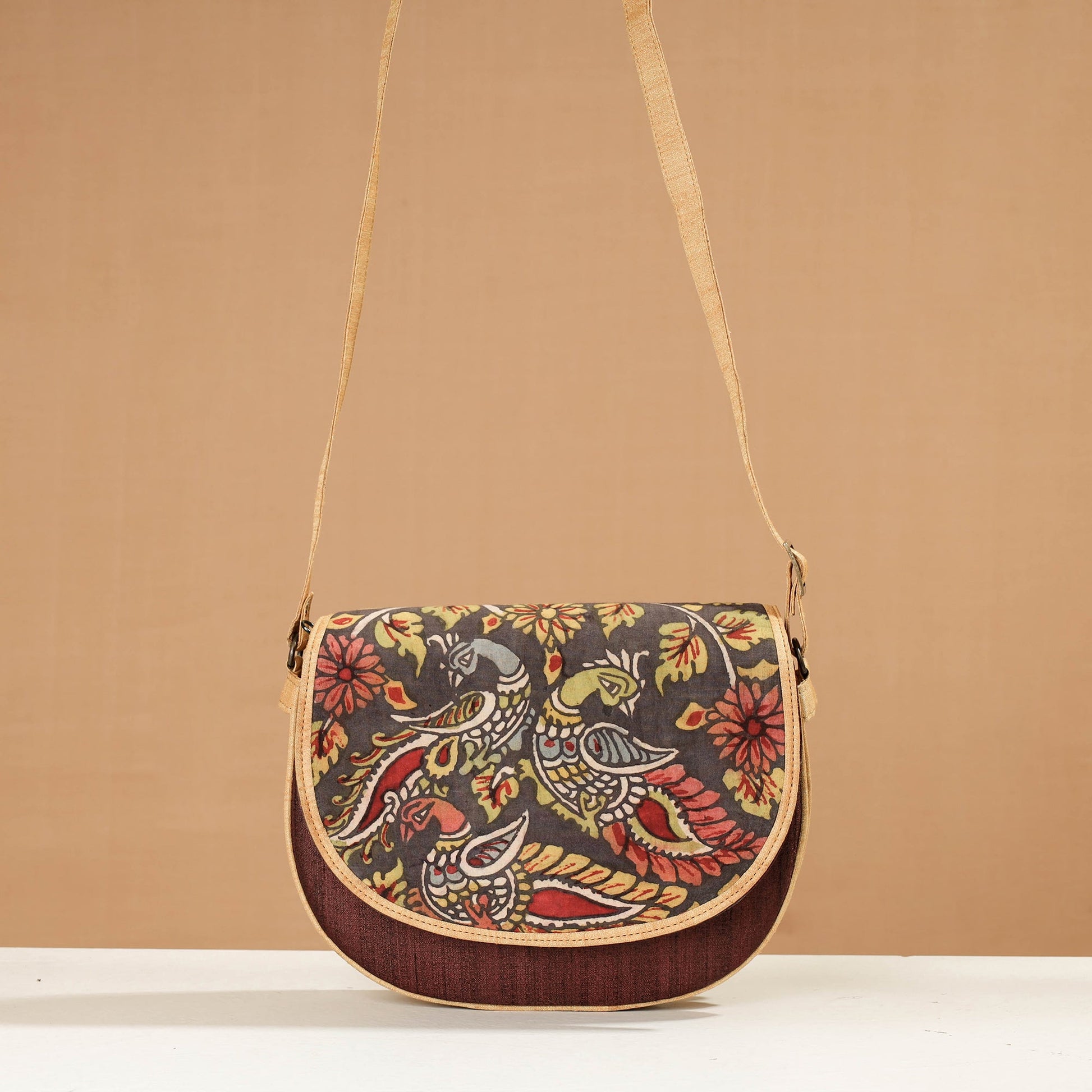 Brown - Handpainted Kalamkari Natural Dyed Ghicha Silk Sling Bag
