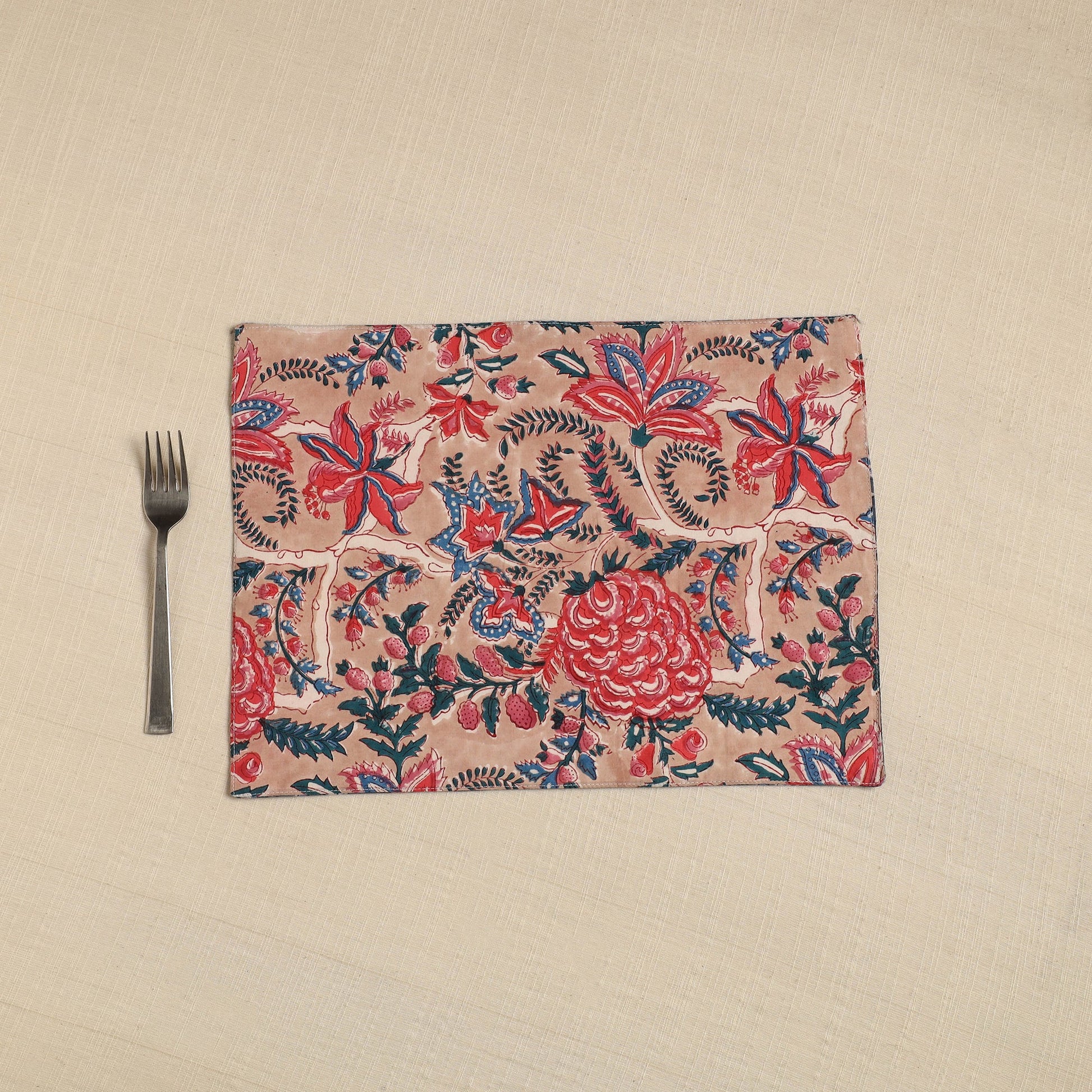 Brown - Floral Print Cotton Reversible Table Mat 03