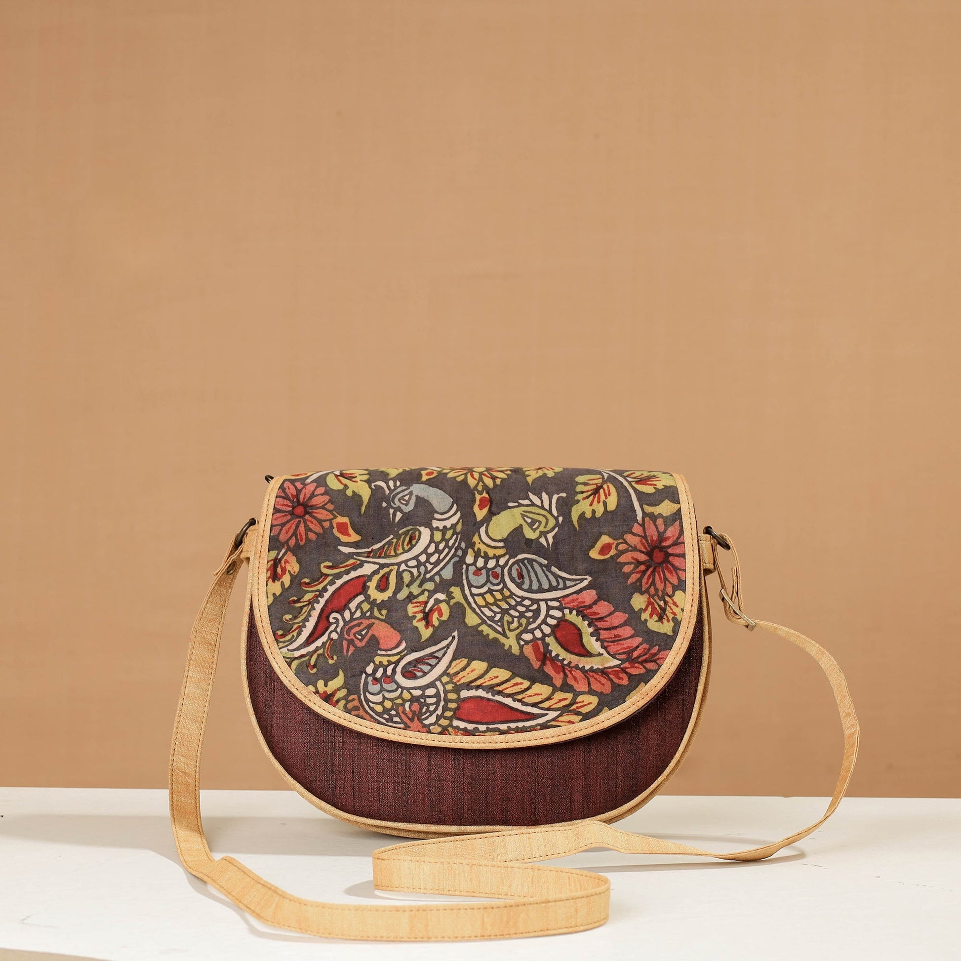 Brown - Handpainted Kalamkari Natural Dyed Ghicha Silk Sling Bag