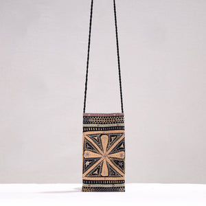 Black - Kutch Dhebariya Qatab Hand Embroidery Cotton Sling Dori Mobile Pouch