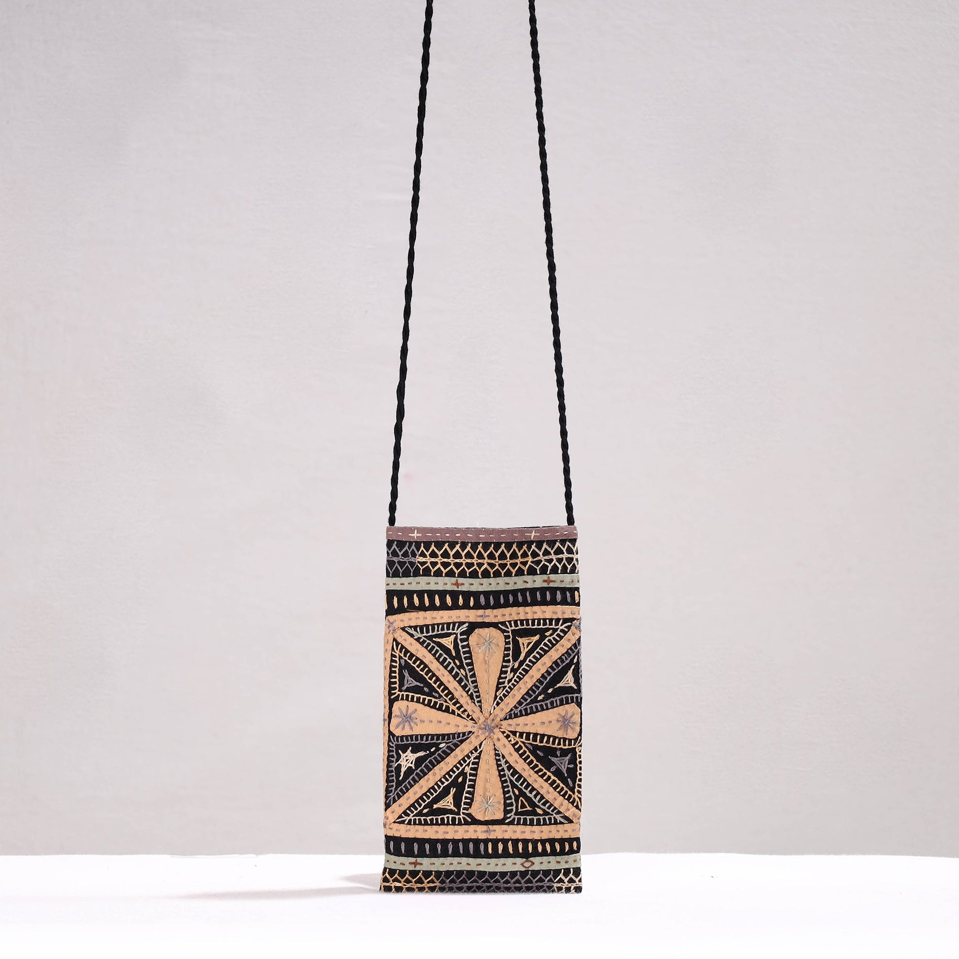 Black - Kutch Dhebariya Qatab Hand Embroidery Cotton Sling Dori Mobile Pouch