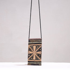 Black - Kutch Dhebariya Qatab Hand Embroidery Cotton Sling Dori Mobile Pouch