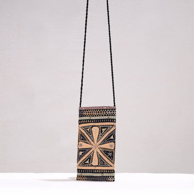 Black - Kutch Dhebariya Qatab Hand Embroidery Cotton Sling Dori Mobile Pouch
