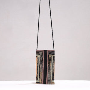 Black - Kutch Dhebariya Qatab Hand Embroidery Cotton Sling Dori Mobile Pouch