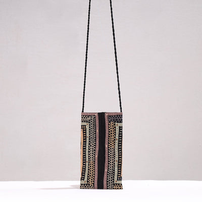 Black - Kutch Dhebariya Qatab Hand Embroidery Cotton Sling Dori Mobile Pouch
