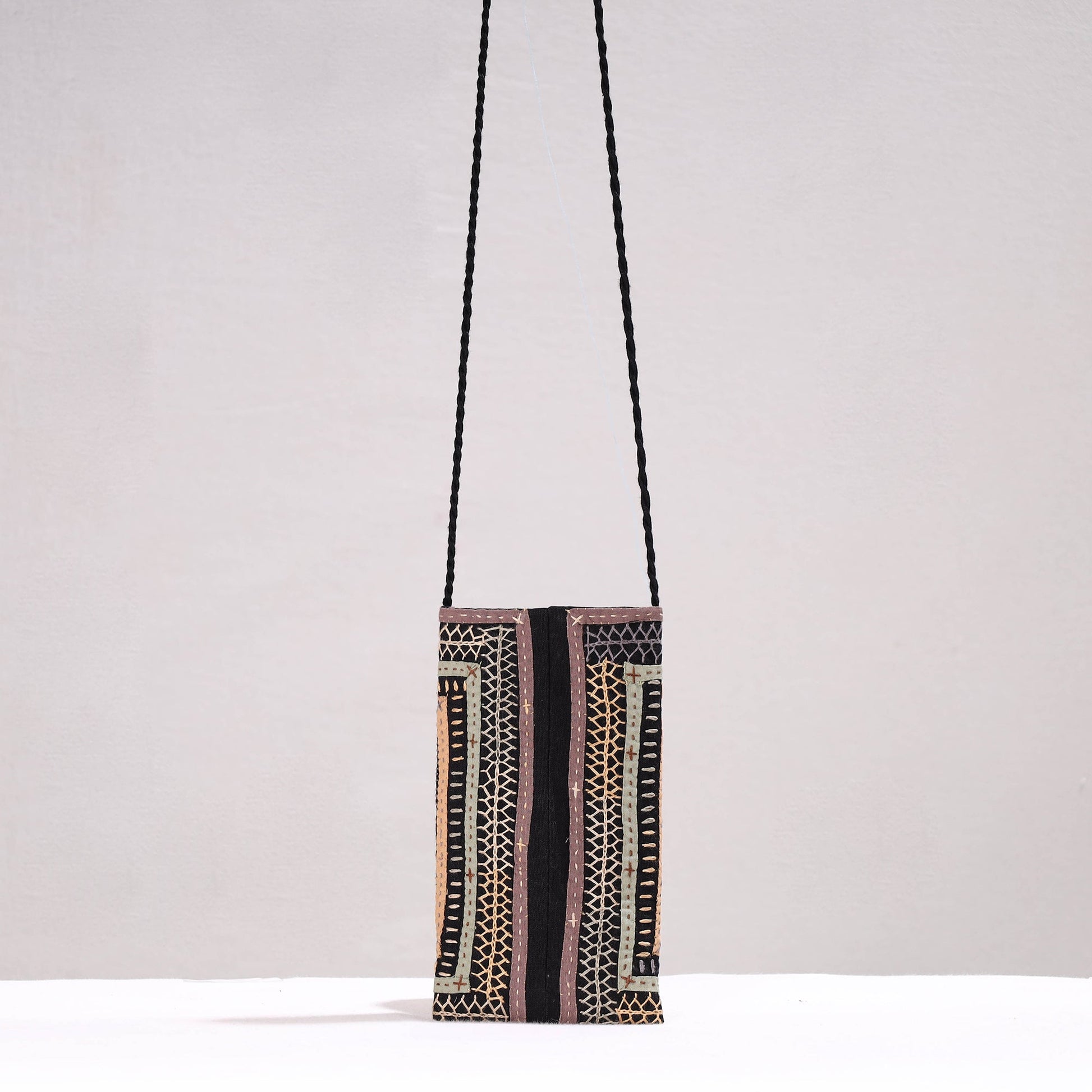 Black - Kutch Dhebariya Qatab Hand Embroidery Cotton Sling Dori Mobile Pouch