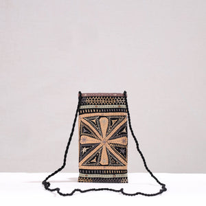 Black - Kutch Dhebariya Qatab Hand Embroidery Cotton Sling Dori Mobile Pouch