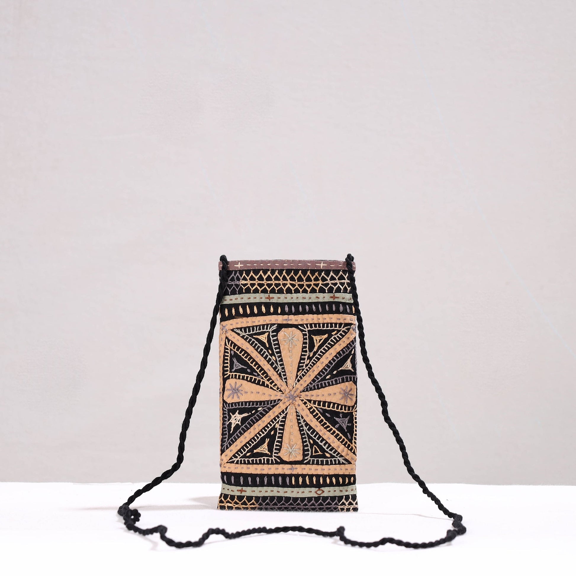 Black - Kutch Dhebariya Qatab Hand Embroidery Cotton Sling Dori Mobile Pouch