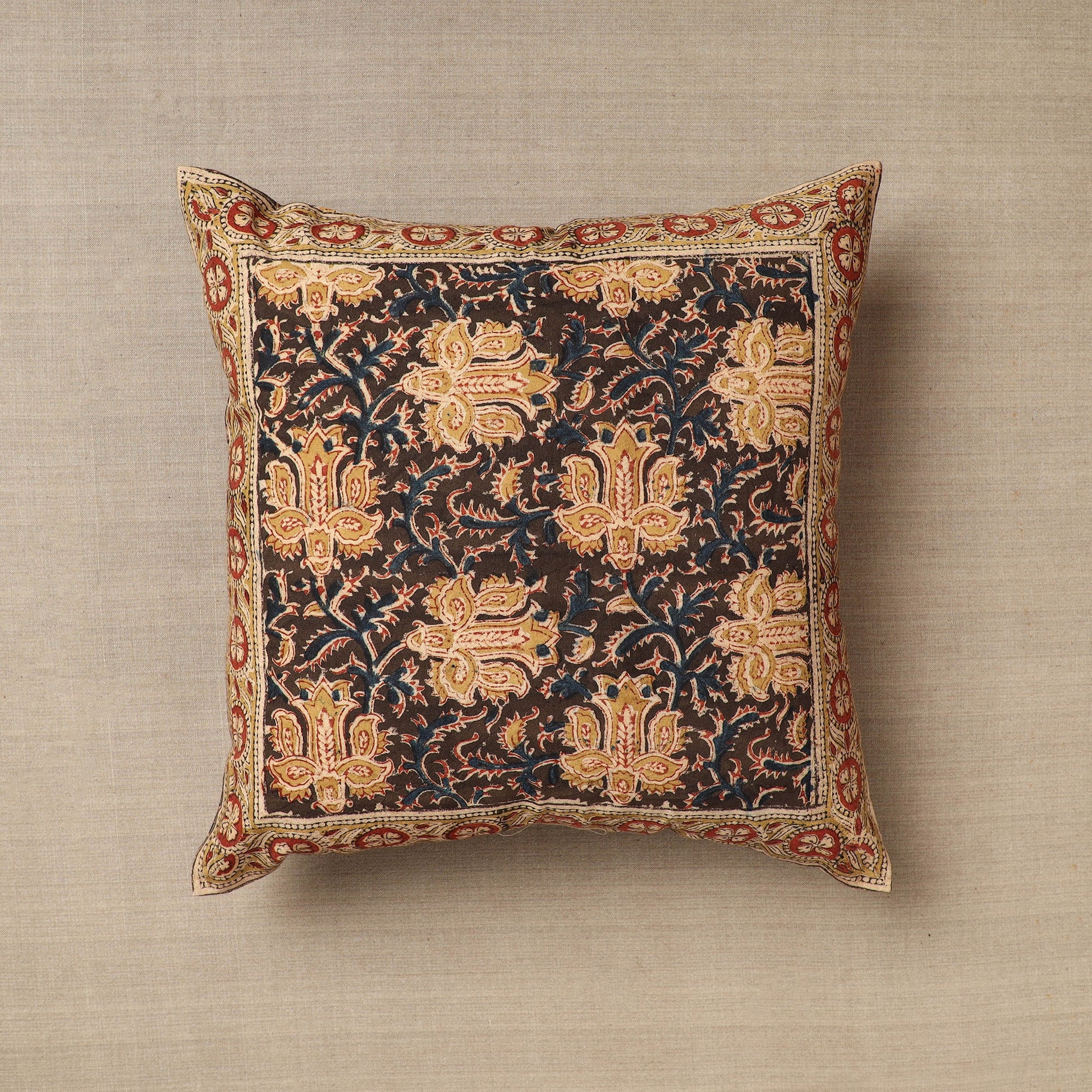 Brown - Original Pedana Block Print Cotton Kalamkari Cushion Cover 42