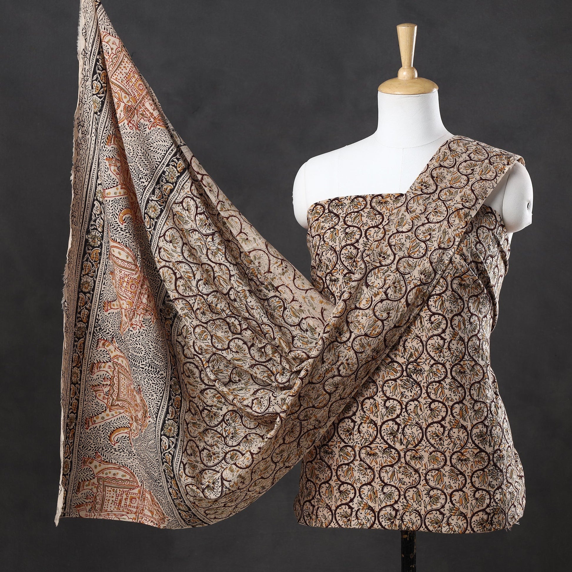 Brown - 2pc Pedana Kalamkari Block Printed Cotton Suit Material Set 05