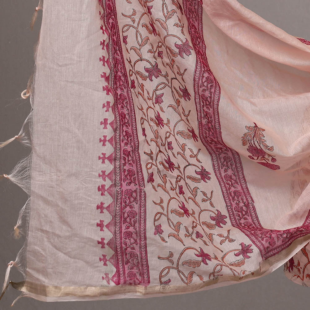 Beige - 3pc Sanganeri Block Printed Cotton Suit Material with Chanderi Silk Dupatta 01