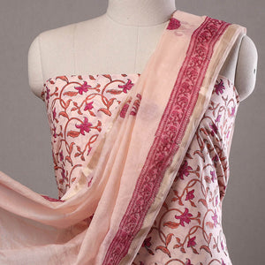 Beige - 3pc Sanganeri Block Printed Cotton Suit Material with Chanderi Silk Dupatta 01