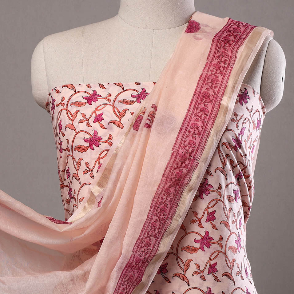 Beige - 3pc Sanganeri Block Printed Cotton Suit Material with Chanderi Silk Dupatta 01