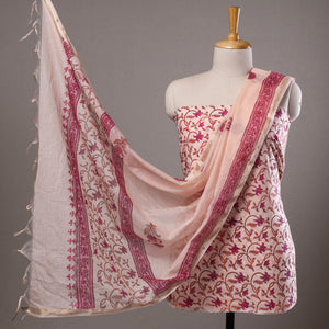 Beige - 3pc Sanganeri Block Printed Cotton Suit Material with Chanderi Silk Dupatta 01