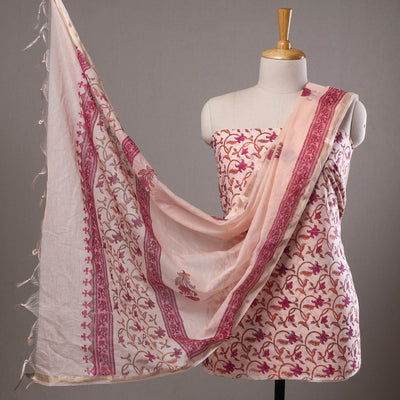 Beige - 3pc Sanganeri Block Printed Cotton Suit Material with Chanderi Silk Dupatta 01