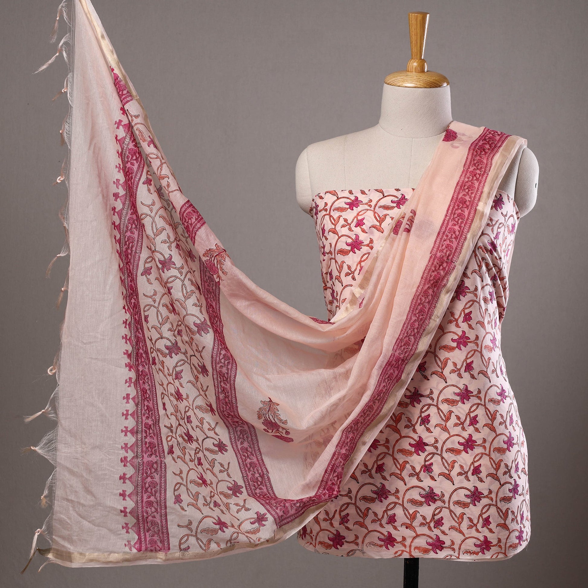 Beige - 3pc Sanganeri Block Printed Cotton Suit Material with Chanderi Silk Dupatta 01