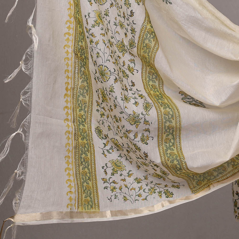 Beige - 3pc Sanganeri Block Printed Cotton Suit Material with Chanderi Silk Dupatta 03