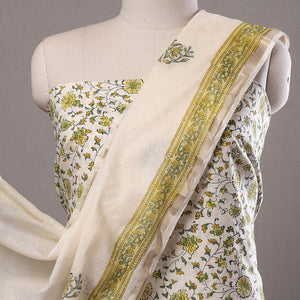 Beige - 3pc Sanganeri Block Printed Cotton Suit Material with Chanderi Silk Dupatta 03