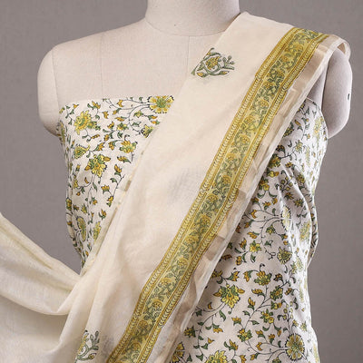Beige - 3pc Sanganeri Block Printed Cotton Suit Material with Chanderi Silk Dupatta 03
