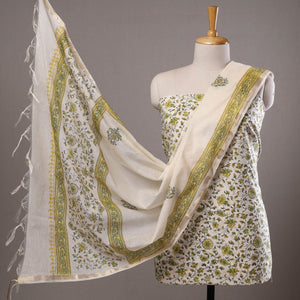 Beige - 3pc Sanganeri Block Printed Cotton Suit Material with Chanderi Silk Dupatta 03