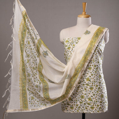 Beige - 3pc Sanganeri Block Printed Cotton Suit Material with Chanderi Silk Dupatta 03