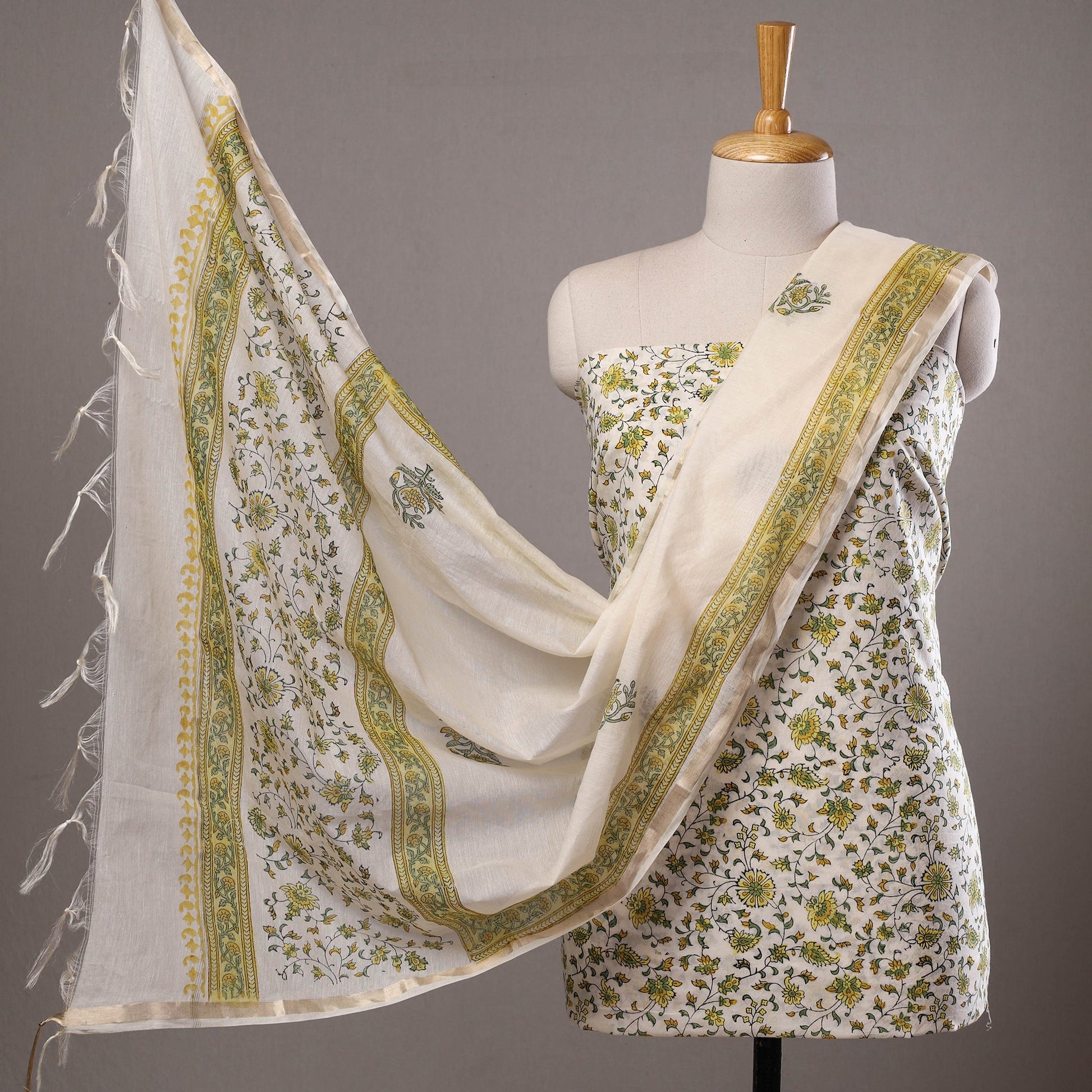 Beige - 3pc Sanganeri Block Printed Cotton Suit Material with Chanderi Silk Dupatta 03