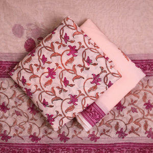 Beige - 3pc Sanganeri Block Printed Cotton Suit Material with Chanderi Silk Dupatta 01