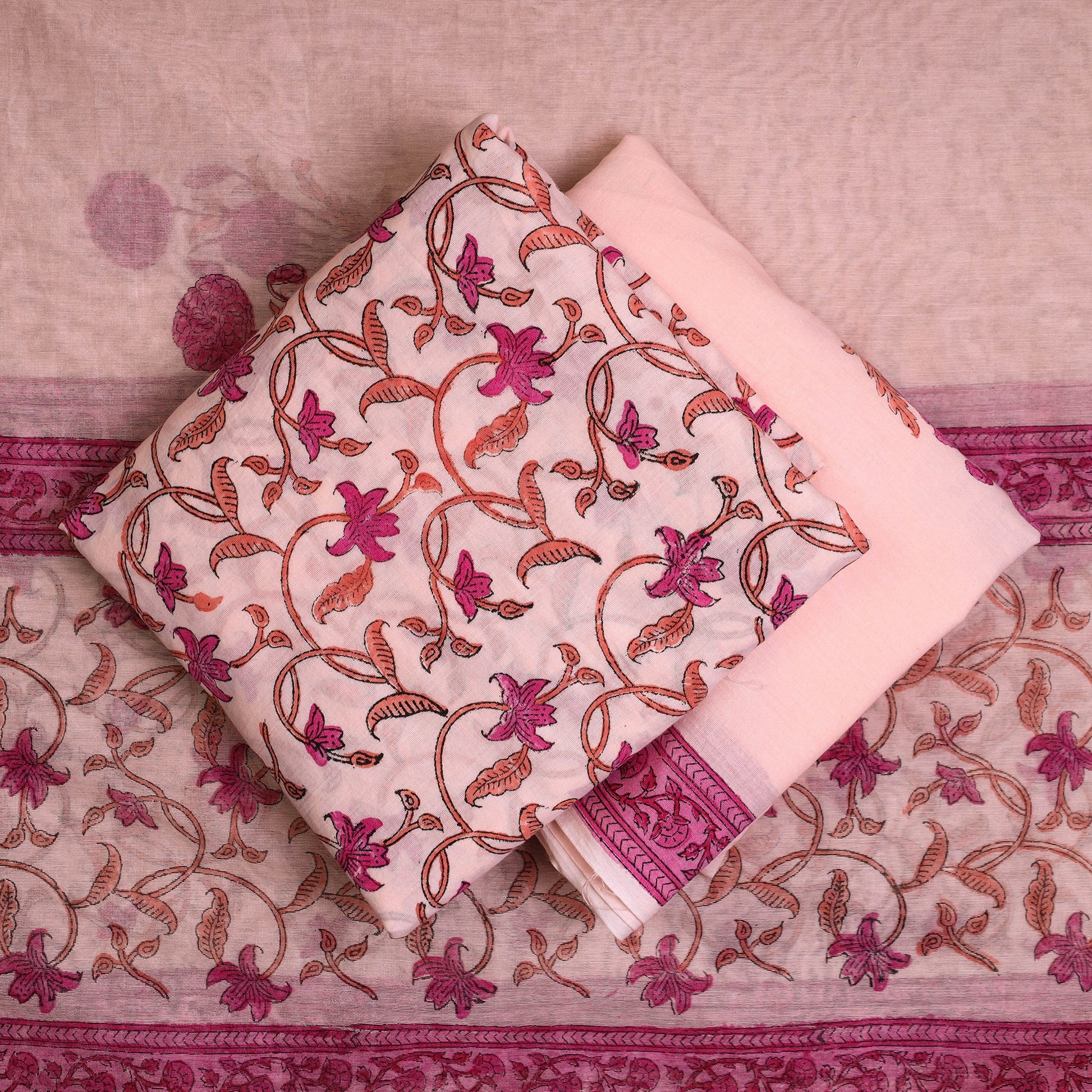 Beige - 3pc Sanganeri Block Printed Cotton Suit Material with Chanderi Silk Dupatta 01