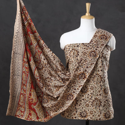 Beige - 2pc Pedana Kalamkari Block Printed Cotton Suit Material Set 08