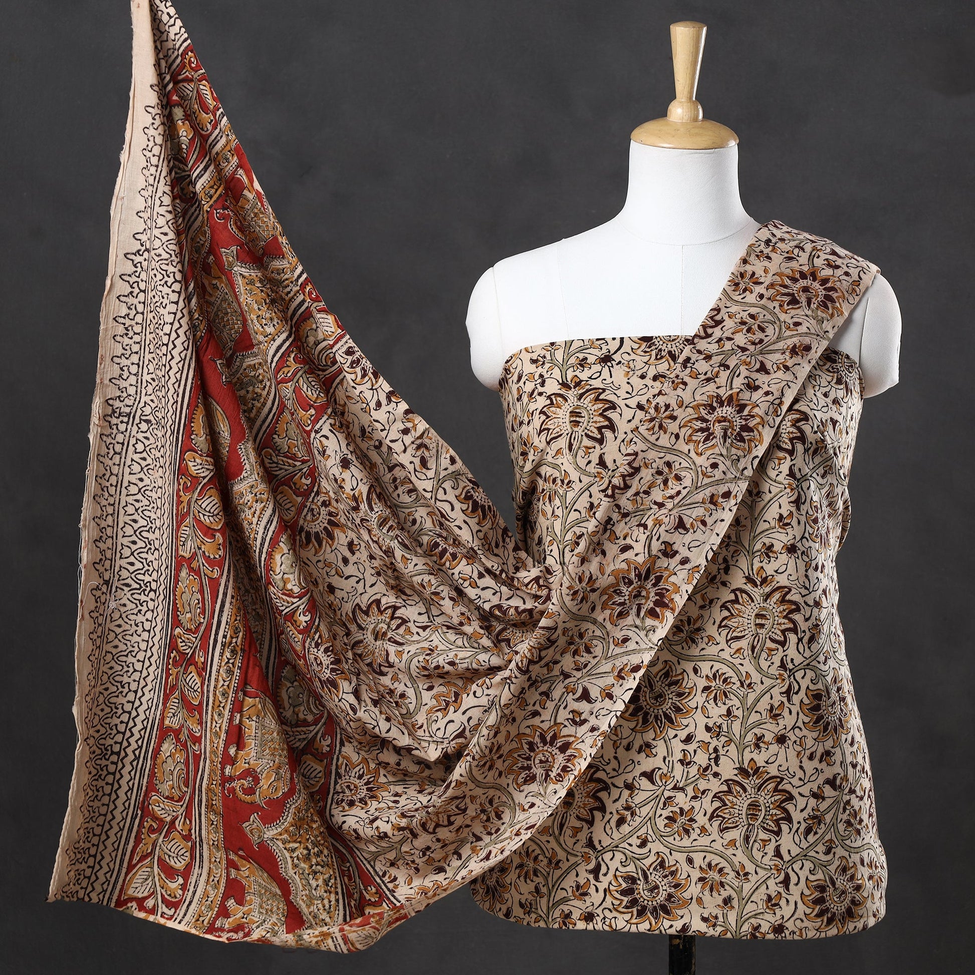 Beige - 2pc Pedana Kalamkari Block Printed Cotton Suit Material Set 08