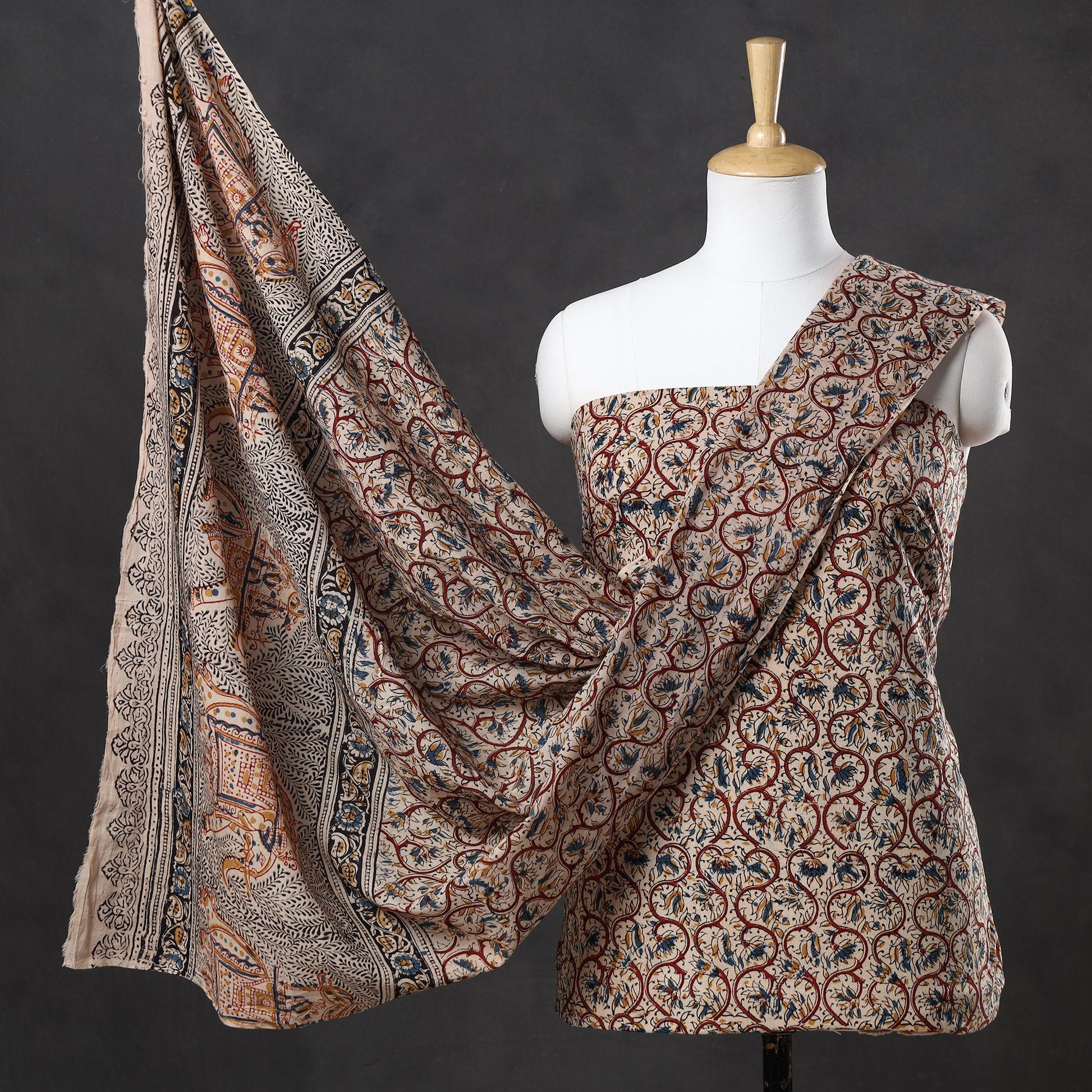 Brown - 2pc Pedana Kalamkari Block Printed Cotton Suit Material Set 09