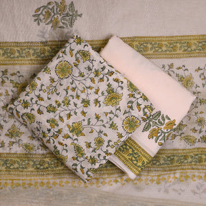 Beige - 3pc Sanganeri Block Printed Cotton Suit Material with Chanderi Silk Dupatta 03