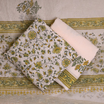 Beige - 3pc Sanganeri Block Printed Cotton Suit Material with Chanderi Silk Dupatta 03