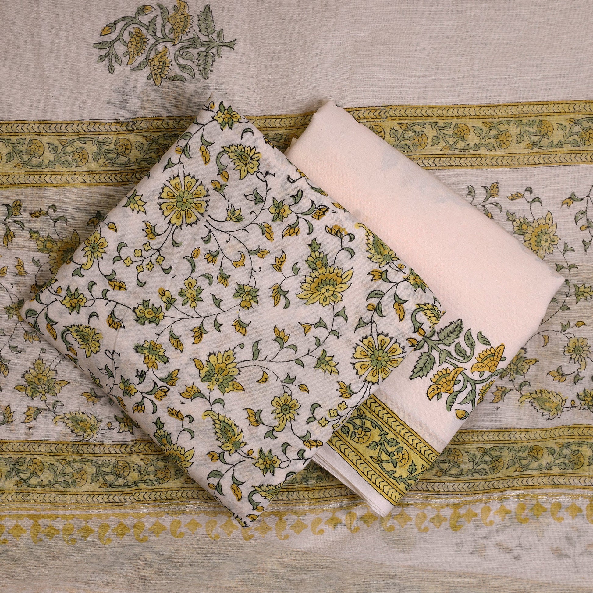Beige - 3pc Sanganeri Block Printed Cotton Suit Material with Chanderi Silk Dupatta 03