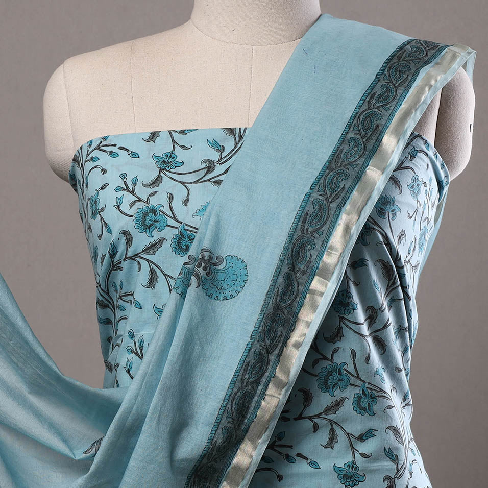 Blue - 3pc Sanganeri Block Printed Cotton Suit Material with Chanderi Silk Dupatta 02