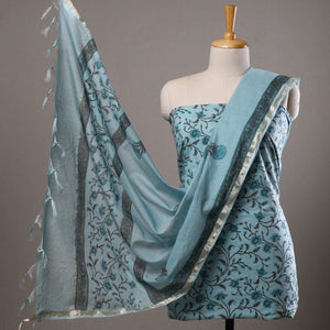 Blue - 3pc Sanganeri Block Printed Cotton Suit Material with Chanderi Silk Dupatta 02